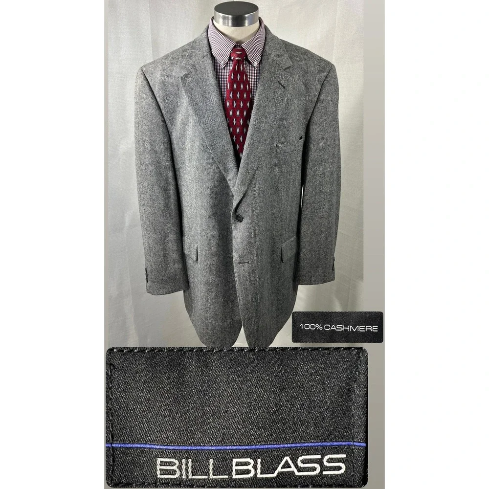 Vintage Bill Blass 100% Cashmere Gray Herringbone Sport Coat Blazer 50R